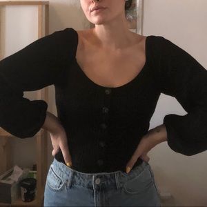 Black Bishop Sleeve Cropped Blouse